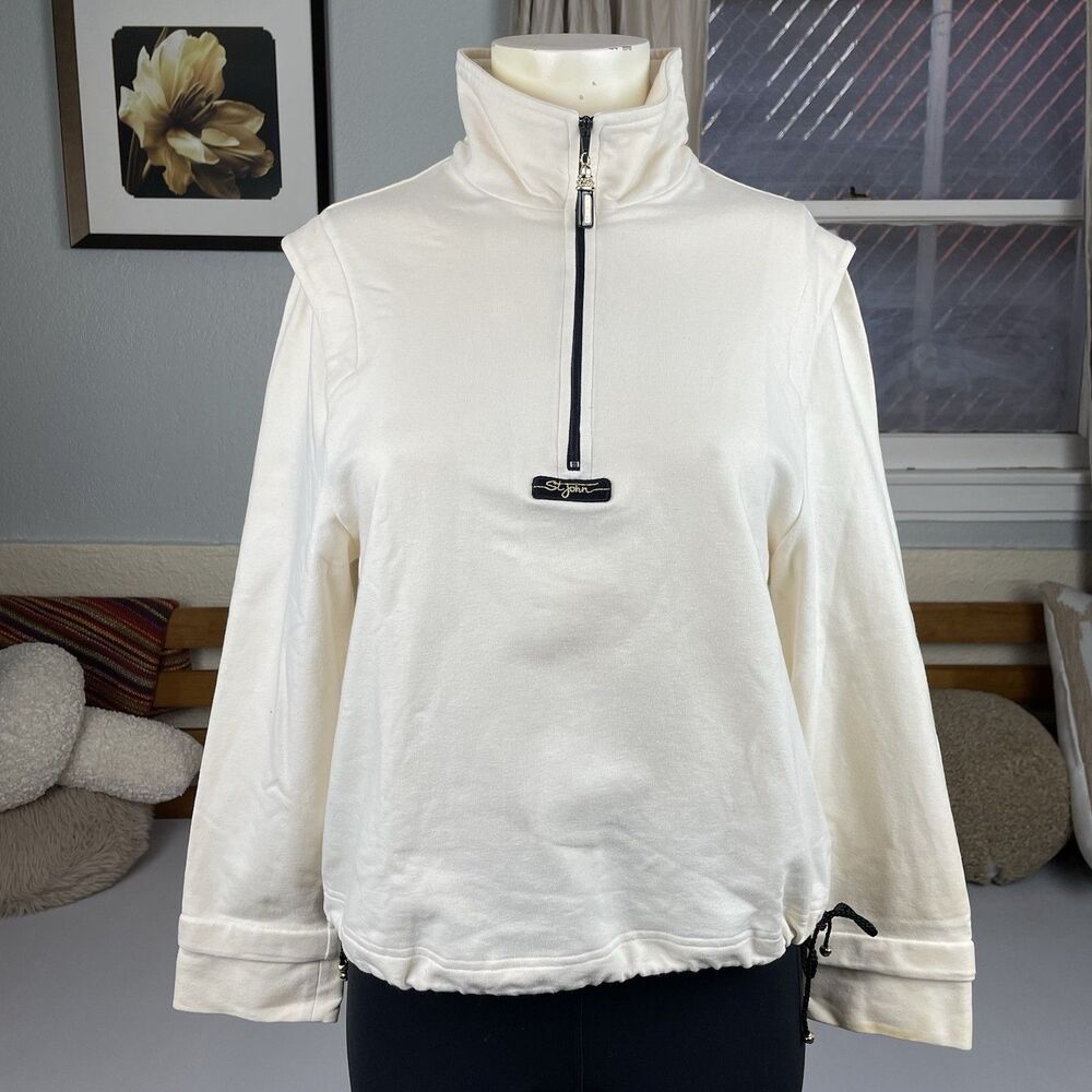 St John Sport By Marie Gray Quarter Zip Sweatshirt Women's Sm  Cream Black USA